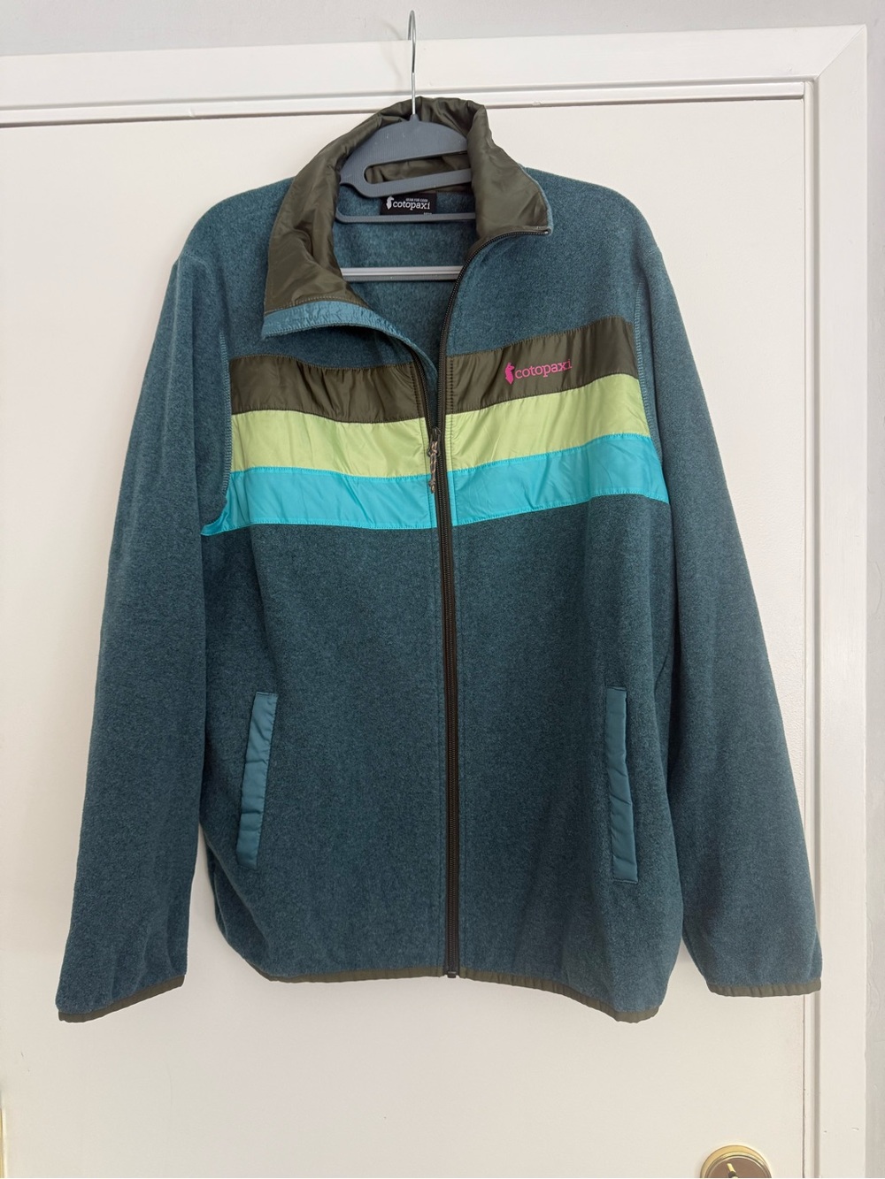 cotopaxi Teal Fleece Jacket with Lime and Aqua Stripe Accents